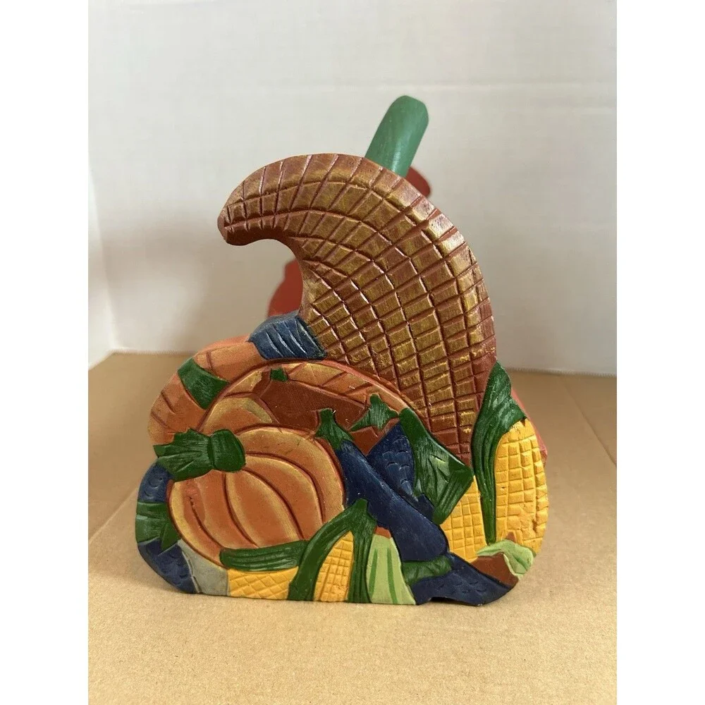 Hand Carved Wood Basket Cornucopia Fall Harvest Decor Rustic 8in Farmhouse